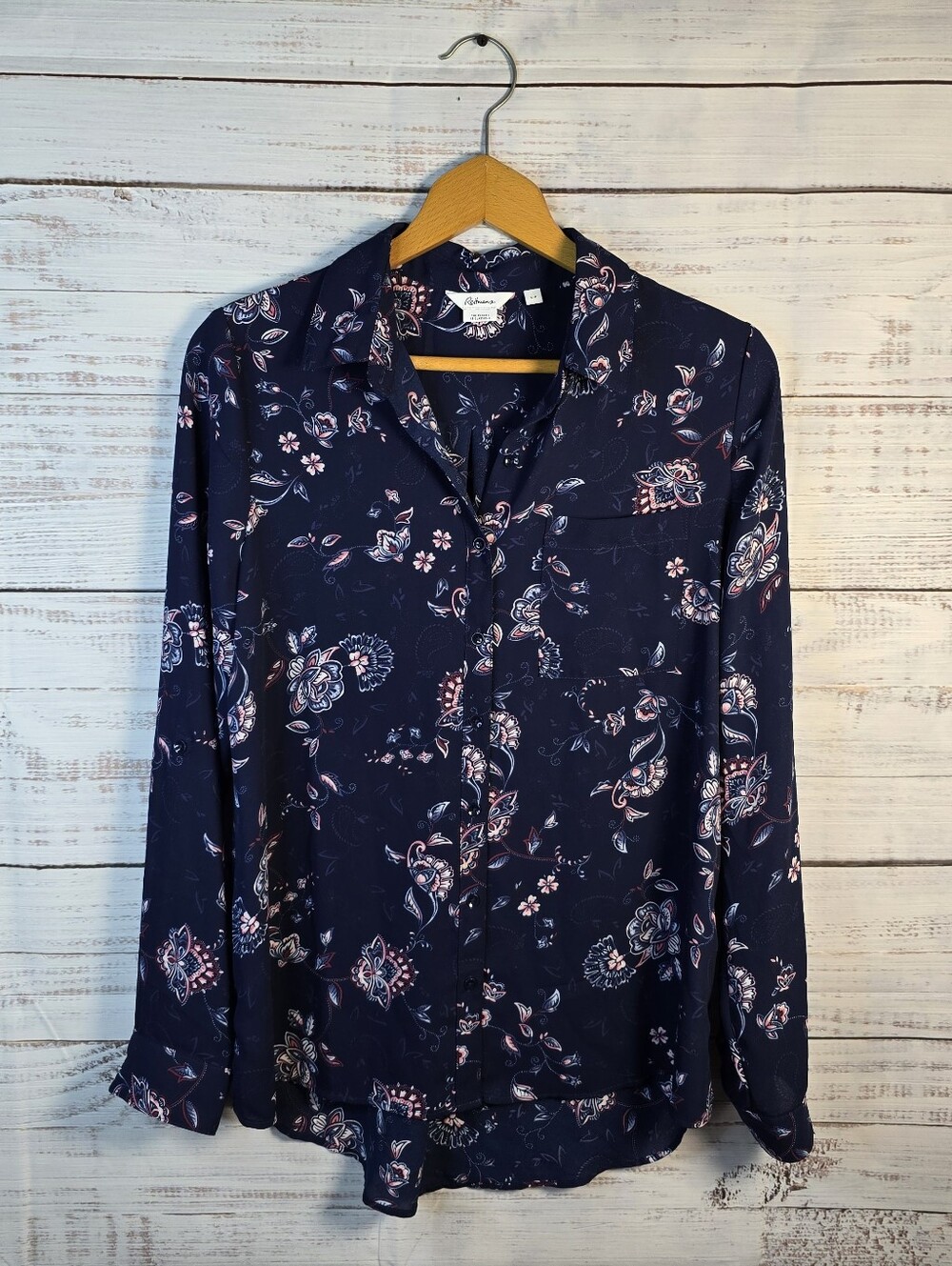 Reitmans Navy Floral‎ Button Front Blouse Small Boho Cottagecore Top